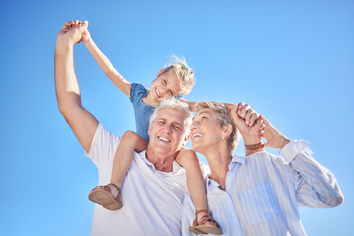 Portrait, girl and grandparents for summer vacation, family holiday and travel adventure